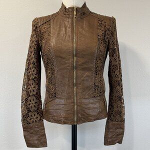 LA Coalition Womens Size XS Jacket Faux Leather Brown Lace Fitted Full Zip Moto